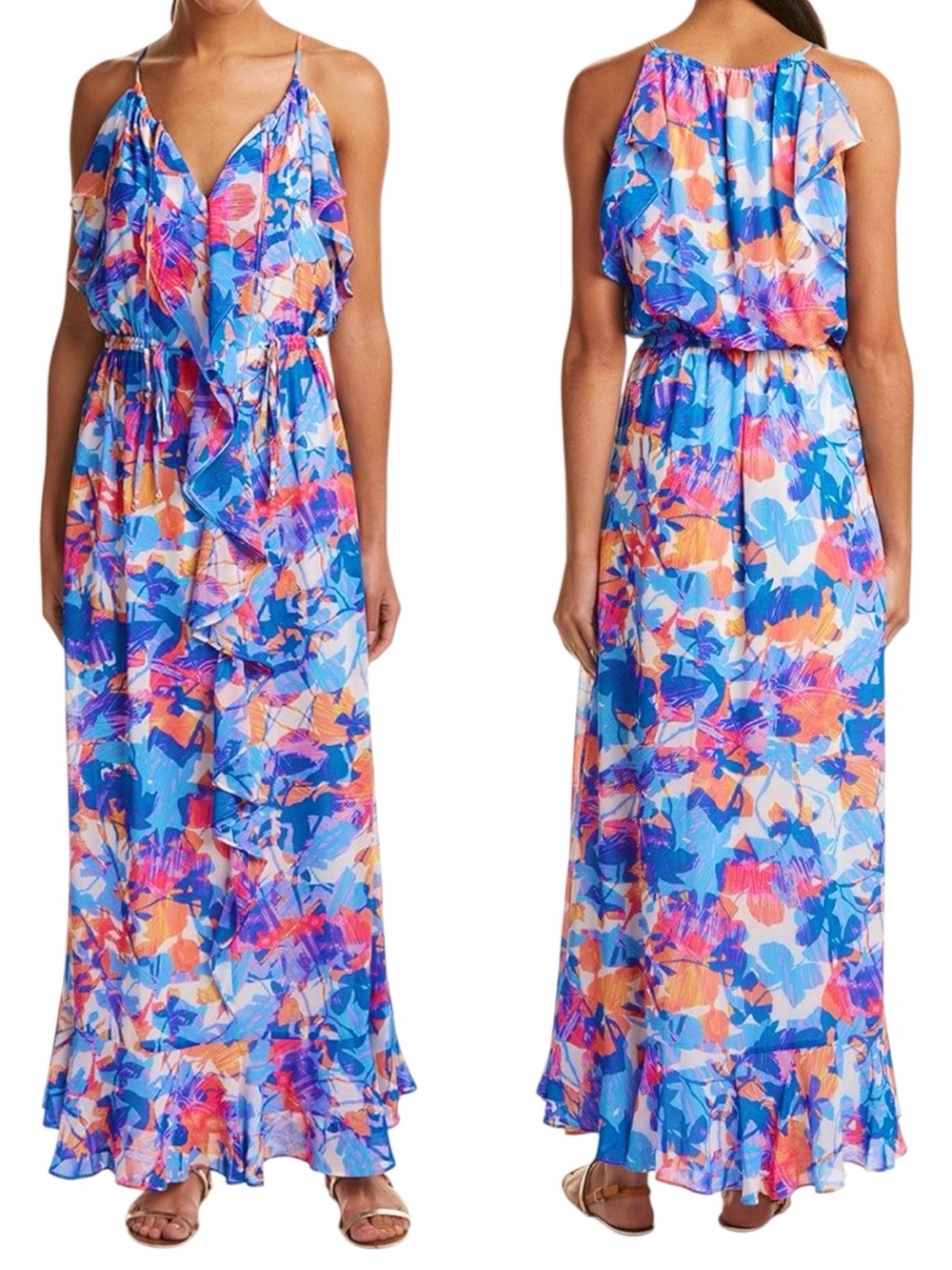 Laundry by Shelli Segal Floral Halter Maxi Dress Ruffle Hem Size 0